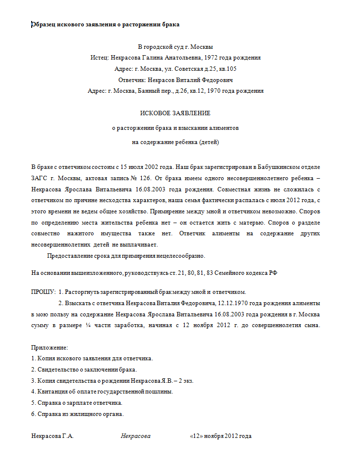 Образец заявления о разводе в суд в одностороннем порядке