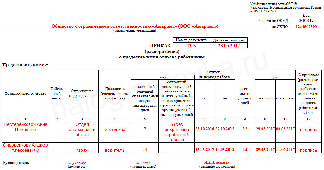 Положение об отпуске образец