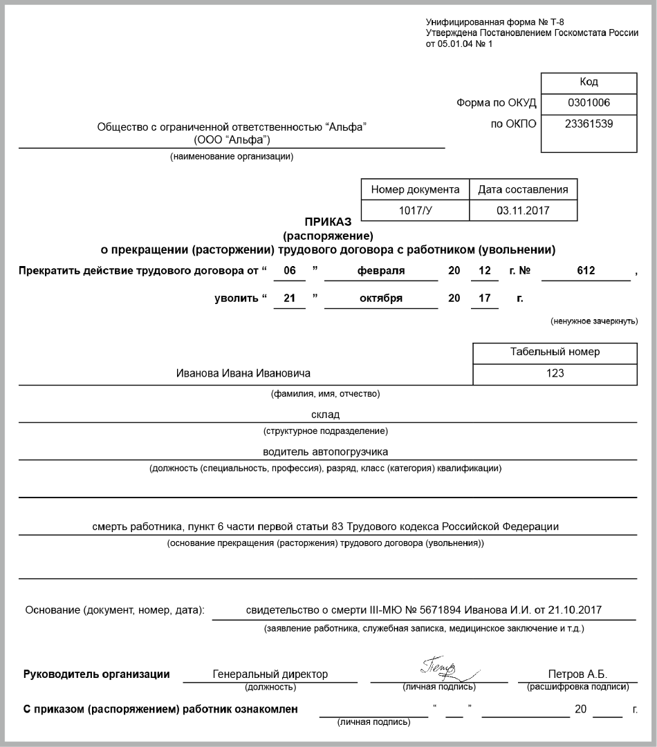 Распоряжение о прекращении трудового договора с работником образец